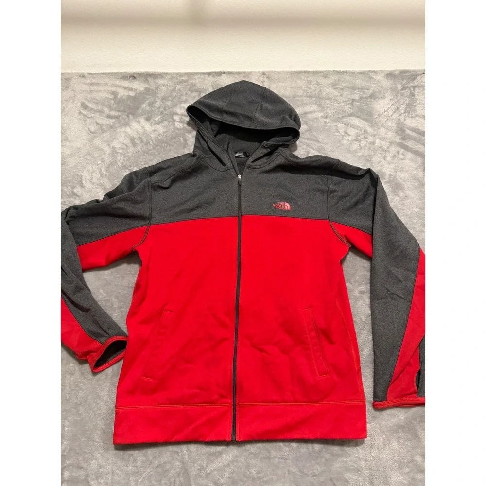 The North Face Hoodie Mens Large Red Gray Full Zip Colorblock Thumbholes
